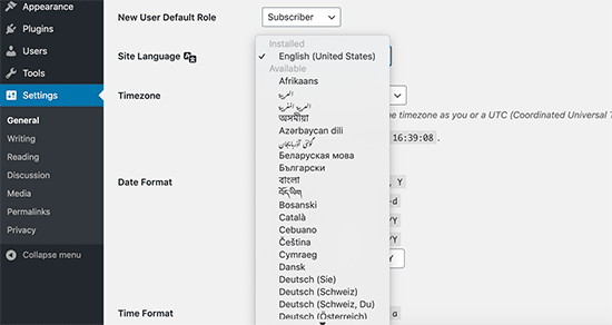 Select language in WordPress